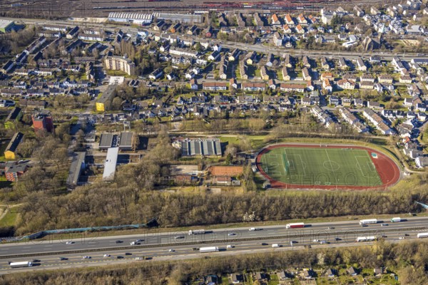 Aerial view, residential area, district of Vorhalle with sports facility Vorhalle football stadium, Hagen, Ruhr area, North Rhine-Westphalia, Germany