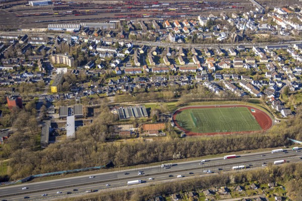 Aerial view, residential area, district of Vorhalle with sports facility Vorhalle football stadium, Hagen, Ruhr area, North Rhine-Westphalia, Germany