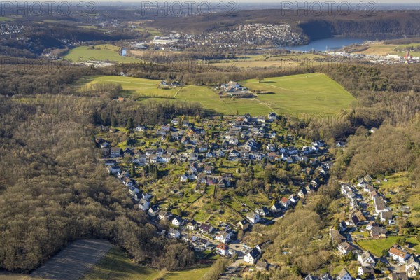 Aerial view, residential area local view district Geweke in heart shape Hagen, behind town Wetter at the Harkortsee, Ruhr area, North Rhine-Westphalia, Germany