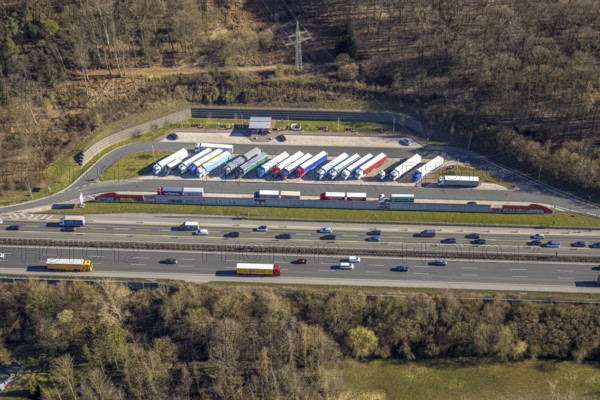 Aerial view, car park Funckenhausen motorway A1 truck rest area, Vorhalle, Hagen, Ruhr area, North Rhine-Westphalia, Germany