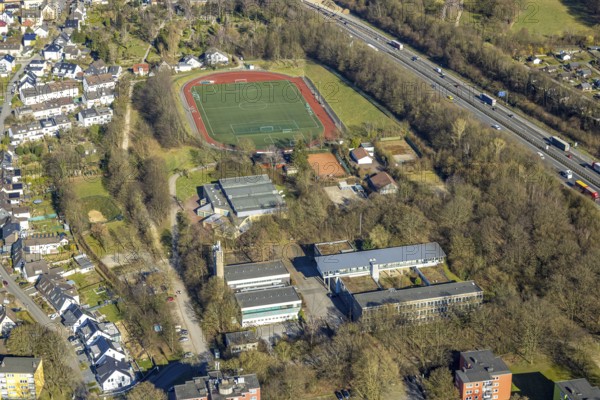 Aerial view, sports field football stadium Sportgemeinschaft Vorhalle 09 Fußball e.V., Vorhalle, secondary school Geschwister-Scholl Vorhalle, Hagen, Ruhr area, North Rhine-Westphalia, Germany