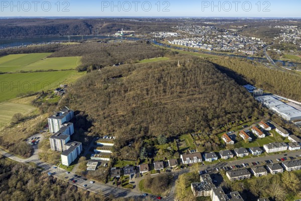 Aerial view, forest area Kaisberg and Freiherr-vom-Stein-Turm, skyscrapers at the edge of the forest, behind Ruhr viaduct and Herdecke at the river Ruhr, Vorhalle, Hagen, Ruhr area, North Rhine-Westphalia, Germany