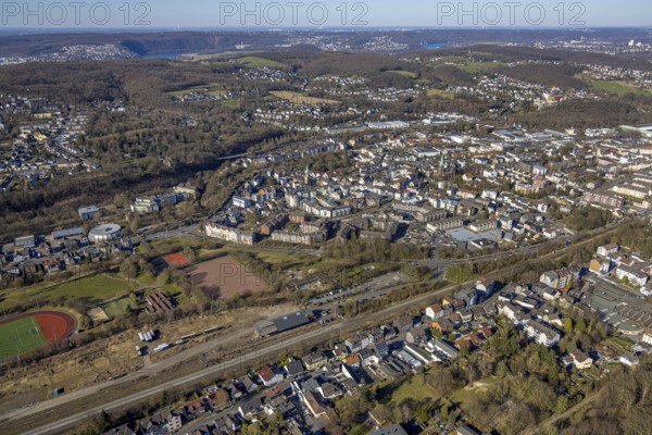 Aerial view, district sports centre Haspe, Haspe sports club, view of Haspe, Haspe, Hagen, Ruhr area, North Rhine-Westphalia, Germany