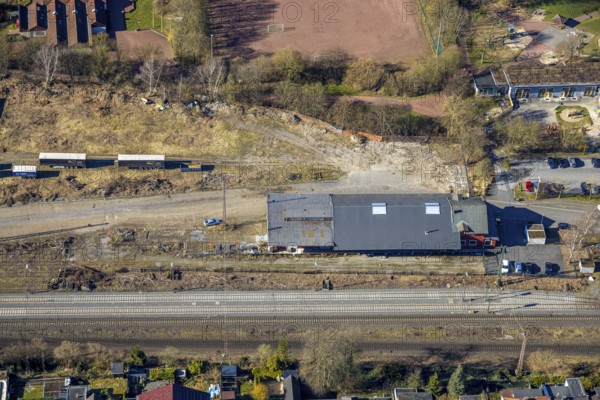 Aerial photo, AREA52 GmbH Hagen on the railway line around the Haspe district sports facility, Hasper Sportverein, Haspe, Hagen, Ruhr area, North Rhine-Westphalia, Germany