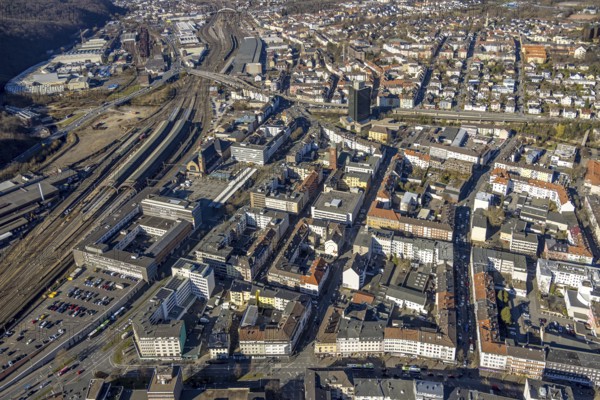 Aerial view, Hagen main station with station forecourt, city and city centre view, Wehringhausen, Hagen, Ruhr area, North Rhine-Westphalia, Germany