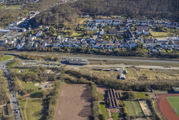 Aerial view, AREA52 GmbH Hagen on the railway line and Waldstraße residential area at the Haspe district sports facility, Hasper sports club, Haspe, Hagen, Ruhr area, North Rhine-Westphalia, Germany