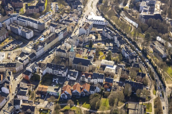 Aerial view, residential area Kölner Straße and Talstraße, Haspe Protestant Church, Hagen, Ruhr area, North Rhine-Westphalia, Germany