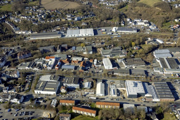 Aerial view, industrial estate Am Hasper Bahnhof, Christian-Rohlfs-Gymnasium, Geweke primary school and FESH primary school - Freie evangelische Schule Hagen, Haspe, Hagen, Ruhr area, North Rhine-Westphalia, Germany