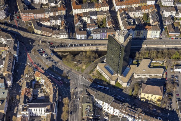 Aerial view, elevated road Eckeseyer Straße, Altenhagener Brücke, federal road B54, high-rise building Employment Agency, Altenhagen, Hagen, Ruhr area, North Rhine-Westphalia, Germany