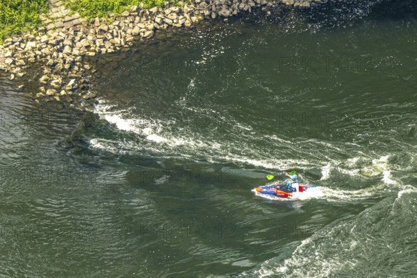 Aerial view, kayaker on the river Ruhr and rapids, Hattingen, Ruhr area, North Rhine-Westphalia, Germany, DE, Europe, aerial view, aerial photography, aerial photography, overview, bird's eye view, birds-eyes view, overview