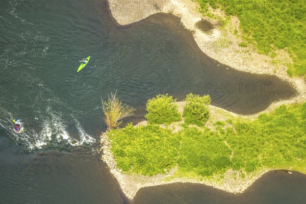 Aerial view, kayaker on the river Ruhr and rapids, Hattingen, Ruhr area, North Rhine-Westphalia, Germany, DE, Europe, aerial view, aerial photography, aerial photography, overview, bird's eye view, birds-eyes view, overview