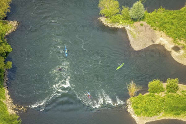 Aerial view, kayaker on the river Ruhr and rapids, Hattingen, Ruhr area, North Rhine-Westphalia, Germany, DE, Europe, aerial view, aerial photography, aerial photography, overview, bird's eye view, birds-eyes view, overview