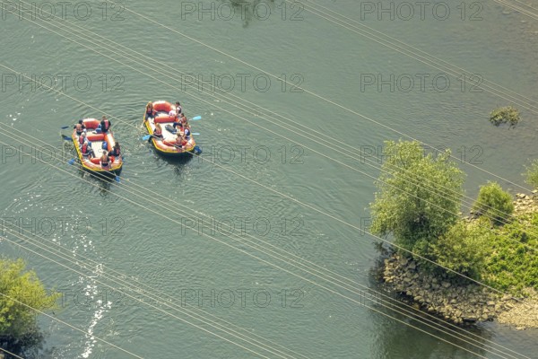 Aerial view, dinghy and rowers on the river Ruhr with groynes, Ruhr-Piraten.com, Hattingen, Ruhr area, North Rhine-Westphalia, Germany, boat, DE, Europe, aerial view, aerial photography, aerial photography, rocky outcrops, overview, bird's eye view, birds-eyes view, overview