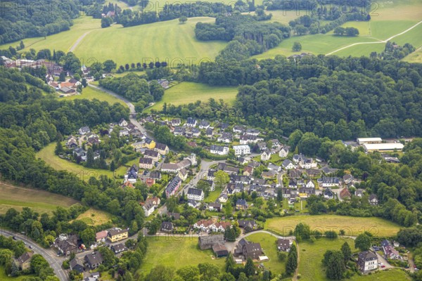 Aerial view, residential area, local view district Bredenscheid-Stüter, meadows and fields and forest area, Hattingen, Ruhr area, North Rhine-Westphalia, Germany, DE, Europe, property tax, real estate, aerial view, aerial photography, aerial photography, overview, bird's-eye view, residential complex, living and life, residential area, residential quality, residential neighbourhood, housing estate, residential district, birds-eyes view, overview
