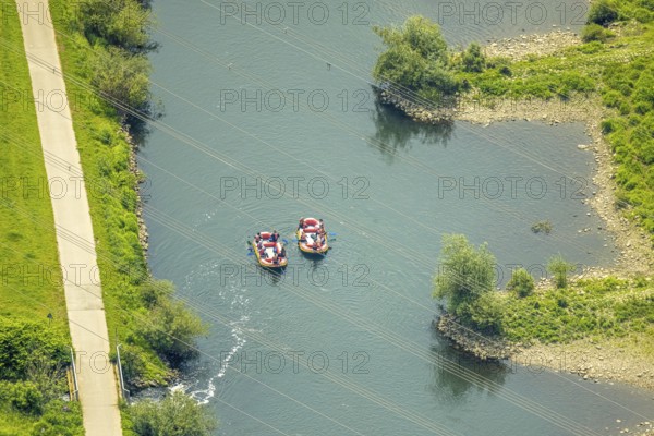 Aerial view, dinghy and rowers on the river Ruhr with groynes, Ruhr-Piraten.com, Hattingen, Ruhr area, North Rhine-Westphalia, Germany, boat, DE, Europe, aerial view, aerial photography, aerial photography, rocky outcrops, overview, bird's eye view, birds-eyes view, overview