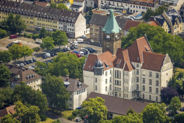 Aerial view, town hall city of Hattingen with town hall tower, Hattingen, Ruhr area, North Rhine-Westphalia, Germany, authority, DE, Europe, aerial view, aerial photography, aerial photography, city administration, overview, bird's-eye view, overview