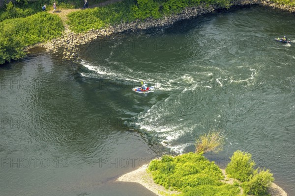 Aerial view, kayaker on the river Ruhr and rapids, Hattingen, Ruhr area, North Rhine-Westphalia, Germany, DE, Europe, aerial view, aerial photography, aerial photography, overview, bird's eye view, birds-eyes view, overview
