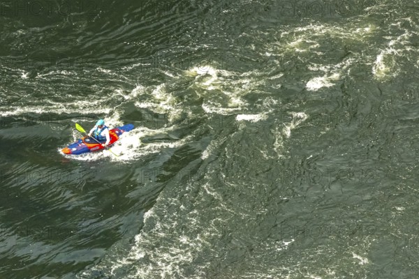 Aerial view, kayaker on the river Ruhr and rapids, Hattingen, Ruhr area, North Rhine-Westphalia, Germany, DE, Europe, aerial view, aerial photography, aerial photography, overview, bird's eye view, birds-eyes view, overview