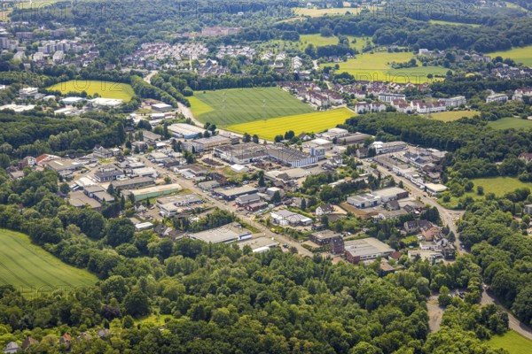 Aerial view, commercial area Zum Ludwigstal and An der Becke, Hattingen, Ruhr area, North Rhine-Westphalia, Germany, DE, Europe, commercial enterprises, commercial area, commercial property, commercial park, commercial location, commercial use, industrial area, industrial location, aerial photograph, aerial photography, aerial photography, overview, bird's-eye view, overview