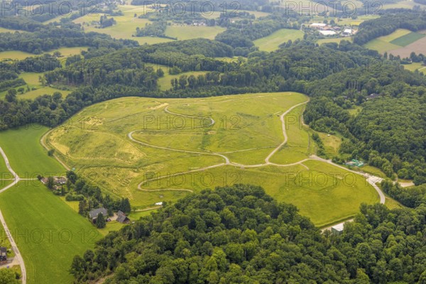 Aerial view, open space green area Am Wasserturm, hilly landscape with forest area, cycle paths and hiking trails, Hattingen, Ruhr area, North Rhine-Westphalia, Germany, DE, Europe, aerial view, aerial photography, aerial photography, overview, bird's-eye view, overview