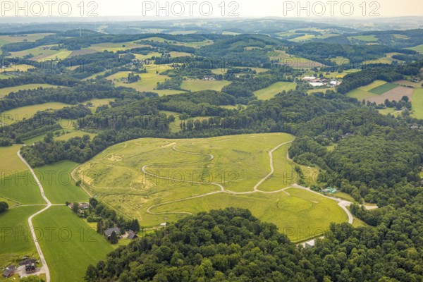 Aerial view, open space green area Am Wasserturm, hilly landscape with forest area, cycle paths and hiking trails, Hattingen, Ruhr area, North Rhine-Westphalia, Germany, DE, Europe, aerial view, aerial photography, aerial photography, overview, bird's-eye view, overview