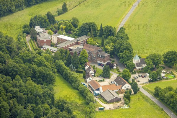 Aerial view, Haus Theresia residential home, Church of the Assumption, Hattingen, Ruhr area, North Rhine-Westphalia, Germany, place of worship, DE, Europe, religious community, place of worship, property tax, holy place, real estate, church, parish, denomination, aerial photograph, aerial photography, aerial photography, religion, religious site, overview, bird's eye view, residential complex, living and life, residential area, residential quality, residential neighbourhood, housing estate, residential district, birds-eyes view, overview