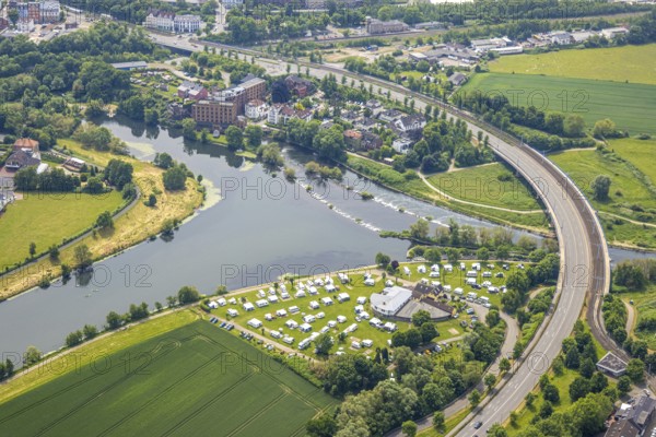 Aerial view, Ruhrbrücke Bochumer Straße, Campingplatz Ruhrbrücke, Ruhr-Wehr mit Bootsgasse und Fischtreppe, hinten Hotel Birschel-Mühle, Hattingen, Ruhr Area, North Rhine-Westphalia, Deutschland, Brücke, Camping, Campinganlage, Campingmobil, Campingplatz, Campingplatz Stolle Ruhrbrücke, DE, Ennepe-Ruhr-Kreis, Europa, Luftaufnahme, Luftbildfotografie, Luftfotografie, Ruhrbrücke, Übersicht, Vogelperspektive, Wohnmobil, Wohnwagen, birds-eyes view, overview