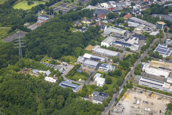 Aerial view, commercial area Beuler Höhe, Rosenthal, Hattingen, Ruhr area, North Rhine-Westphalia, Germany, cars, DE, development, Europe, vehicles, areas, buildings, terrain, commercial, commercial enterprises, commercial area, commercial property, commercial park, commercial site, commercial use, large car park, hundreds of cars, industry, industrial area, industrial site, infrastructure, aerial view, aerial photography, aerial photography, Nierenhofer Straße, car park, police, police station, region, urban development, urban planning, streets, structure, urban, overview, urban, bird's-eye view, birds-eyes view, former O&K site, planned urban quarter, modern use, overview, overview, public services
