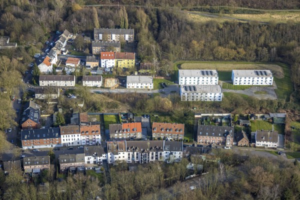 Aerial view, residential area and refugee homes on Katernberger Straße, Feldmark, Gelsenkirchen, Ruhr area, North Rhine-Westphalia, Germany