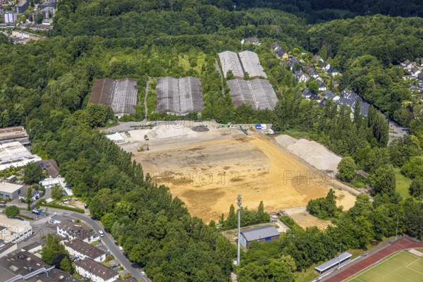 Aerial view, brownfield site after demolition THW area logistics centre Talburgstraße, Isenbügel, Heiligenhaus, Ruhr area, North Rhine-Westphalia, Germany, DE, Europe, aerial view, aerial photography, aerial photography, overview, bird's-eye view, overview