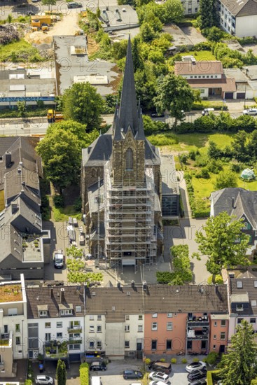 Aerial view, construction site catholic church St. Suitbertus with scaffolding on the church tower, Leubeck, Heiligenhaus, Ruhr area, North Rhine-Westphalia, Germany, construction work, construction area, building site, building plots, construction project, construction site, DE, Europe, aerial view, aerial photography, aerial photography, new building, overview, bird's-eye view, overview
