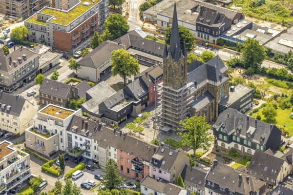 Aerial view, construction site catholic church St. Suitbertus with scaffolding on the church tower, Leubeck, Heiligenhaus, Ruhr area, North Rhine-Westphalia, Germany, construction work, construction area, building site, building plots, construction project, construction site, DE, Europe, aerial view, aerial photography, aerial photography, new building, overview, bird's-eye view, overview