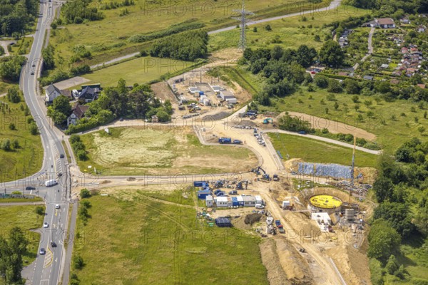 Aerial view, construction site with construction crane In der Leibeck corner Ratinger Straße, Heiligenhaus, Ruhr area, North Rhine-Westphalia, Germany, construction work, construction area, building site, building plots, construction project, construction site, DE, Europe, aerial view, aerial photography, aerial photography, new building, overview, bird's-eye view, overview