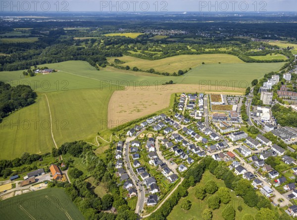 Aerial view, island settlement with Borkumstraße, Syltweg and meadows and fields, Heiligenhaus, Ruhr area, North Rhine-Westphalia, Germany, DE, Europe, property tax, real estate, aerial view, aerial photography, aerial photography, overview, bird's-eye view, housing estate, housing and living, residential area, housing quality, residential neighbourhood, housing estate, residential area, birds-eyes view, overview