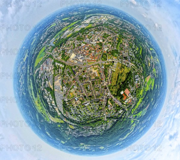 Aerial view, city centre and old town with red roofs, globe, fisheye image, fisheye image, 360 degree image, tiny world, little planet, fisheye image, Hattingen, Ruhr area, North Rhine-Westphalia, Germany, DE, Europe, fisheye lens, fisheye lens, real estate, aerial photography, aerial photography, super wide angle lens, overview, bird's eye view, housing estate, housing and living, residential area, residential quality, residential neighbourhood, housing estate, residential area, birds-eyes view, fisheye lens, insta360 camera, overview