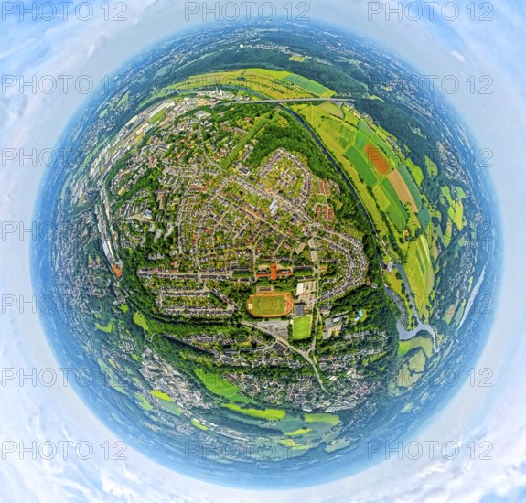Aerial view, aerial view of Welper district on the Ruhr river with Ruhraue, earth globe, fisheye image, fisheye image, 360 degree image, tiny world, little planet, fisheye image, Welper, Hattingen, Ruhr area, North Rhine-Westphalia, Germany, DE, Europe, fisheye lens, fisheye lens, aerial view, aerial photography, aerial photography, super wide angle lens, overview, bird's eye view, bird's eye view, fisheye lens, insta360 camera, overview