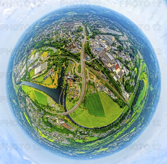 Aerial view, river Ruhr and campsite Ruhrbrücke and Ruhrbogen, Martin-Luther-Straße, right industrial area Beul, globe, fisheye image, fisheye image, 360 degree image, tiny world, little planet, fisheye image, Hattingen, Ruhr area, North Rhine-Westphalia, Germany, DE, Europe, fisheye lens, fisheye lens, aerial view, aerial photography, aerial photography, super wide angle lens, overview, bird's eye view, birds-eyes view, fisheye lens, insta360 camera, overview