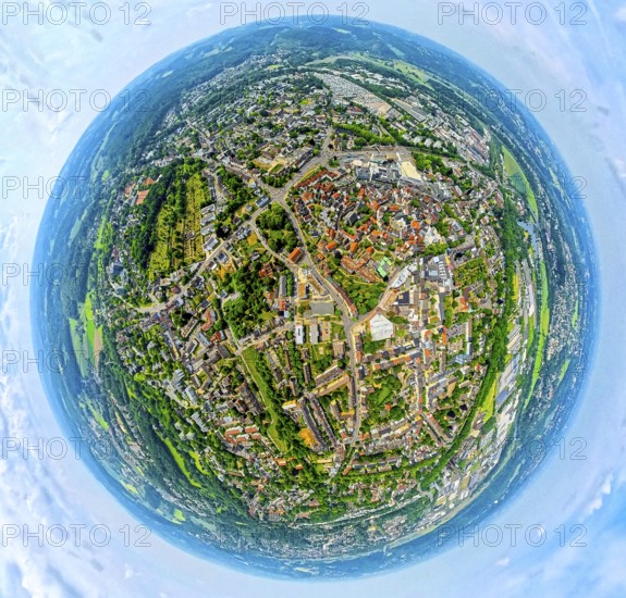 Aerial view, city centre and old town with red roofs, globe, fisheye image, fisheye image, 360 degree image, tiny world, little planet, fisheye image, Hattingen, Ruhr area, North Rhine-Westphalia, Germany, DE, Europe, fisheye lens, fisheye lens, real estate, aerial photography, aerial photography, super wide angle lens, overview, bird's eye view, housing estate, housing and living, residential area, residential quality, residential neighbourhood, housing estate, residential area, birds-eyes view, fisheye lens, insta360 camera, overview