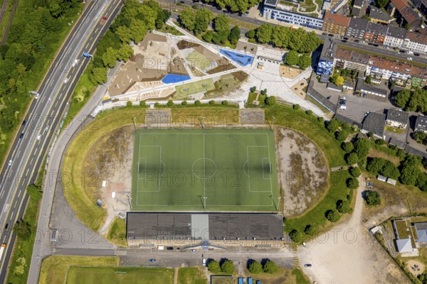 Aerial view, Glückauf Kampfbahn football stadium at Ernst-Kuzorra-Platz with construction site and redesign of the sports garden, Schalke, Gelsenkirchen, Ruhr area, North Rhine-Westphalia, Germany