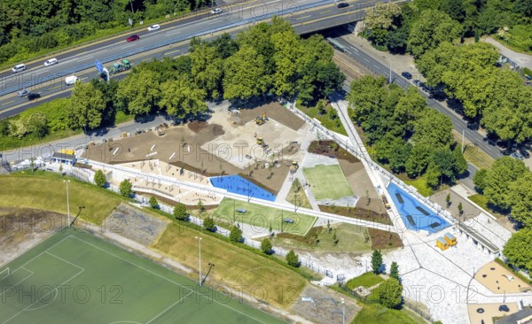 Aerial view, Ernst-Kuzorra-Platz construction site and redesign of the sports garden at the Glückauf Kampfbahn football stadium, Schalke, Gelsenkirchen, Ruhr area, North Rhine-Westphalia, Germany