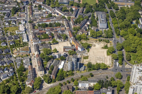Aerial view, derelict building site of former central swimming pool, residential area with high-rise building Florastraße, Schalke, Gelsenkirchen, Ruhr area, North Rhine-Westphalia, Germany
