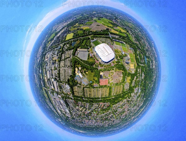 Aerial view, Berger Feld, Schalke Arena Park with Veltins Arena football stadium, globe, fisheye image, 360 degree image, tiny world, little planet, fisheye image, Erle, Gelsenkirchen, Ruhr area, North Rhine-Westphalia, Germany