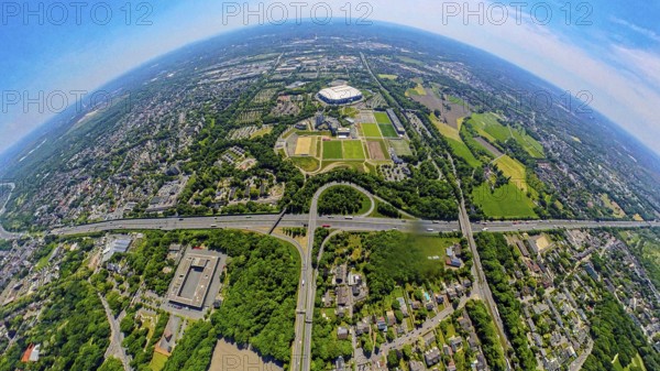 Aerial view, Berger Feld, Schalke Arena Park with Veltins Arena football stadium, A2 motorway and Buer junction, globe, fisheye image, 360 degree image, tiny world, little planet, fisheye image, Ruhr area