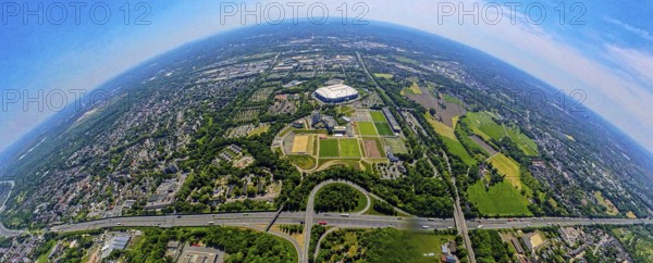 Aerial view, Berger Feld, Schalke Arena Park with Veltins Arena football stadium, A2 motorway and Buer junction, globe, fisheye image, 360 degree image, tiny world, little planet, fisheye image, Ruhr area