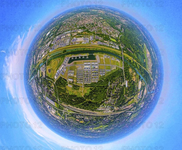 Aerial view, Graf Bismarck Johannes-Rau-Allee city quarter, residential complex and Stölting Marina marina on the Rhine-Herne Canal, Emscherstrasse industrial estate, globe, fisheye image, 360 degree image, tiny world, little planet, fisheye image, Bismarck, Gelsenkirchen, Ruhr area, North Rhine-Westphalia, Germany