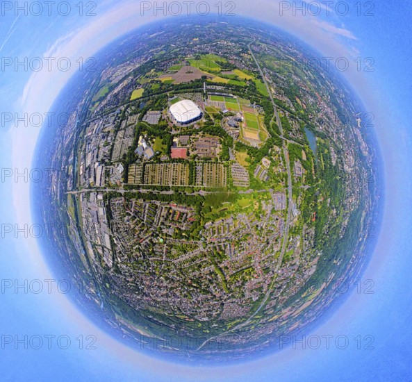 Aerial view, Berger Feld, Schalke Arena Park with Veltins Arena football stadium, globe, fisheye image, 360 degree image, tiny world, little planet, fisheye image, Erle, Gelsenkirchen, Ruhr area, North Rhine-Westphalia, Germany