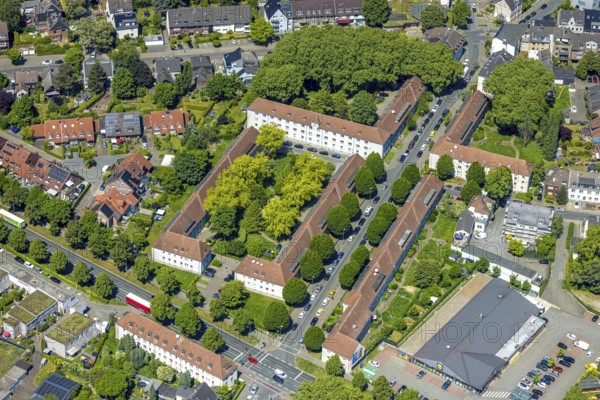 Aerial view, apartment buildings residential complex with interior tree cover green trees, Luggendelle, Buer, Gelsenkirchen, Ruhr area, North Rhine-Westphalia, Germany