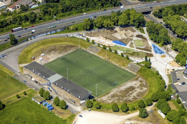Aerial view, Glückauf Kampfbahn football stadium at Ernst-Kuzorra-Platz with construction site and redesign of the sports garden, Schalke, Gelsenkirchen, Ruhr area, North Rhine-Westphalia, Germany