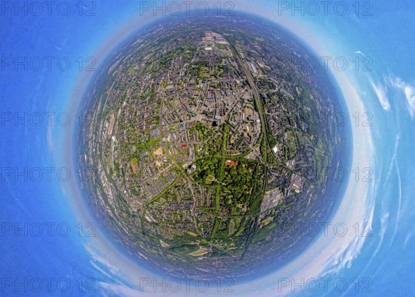 Aerial view, city centre Gelsenkirchen, main station railway tracks, Bahnhofstraße and Ringstraße pedestrian zone, globe, fisheye image, 360 degree image, tiny world, little planet, fisheye image, old town, Gelsenkirchen, Ruhr area, North Rhine-Westphalia, Germany