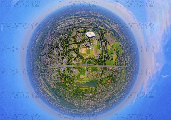 Aerial view, Berger Feld, Schalke Arena Park with Veltins Arena football stadium, globe, fisheye image, 360 degree image, tiny world, little planet, fisheye image, Erle, Gelsenkirchen, Ruhr area, North Rhine-Westphalia, Germany